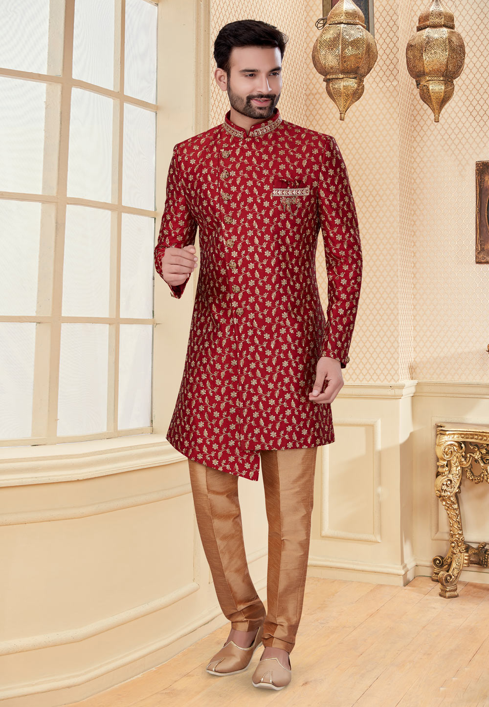 Maroon Jacquard Indo Western Suit 251234
