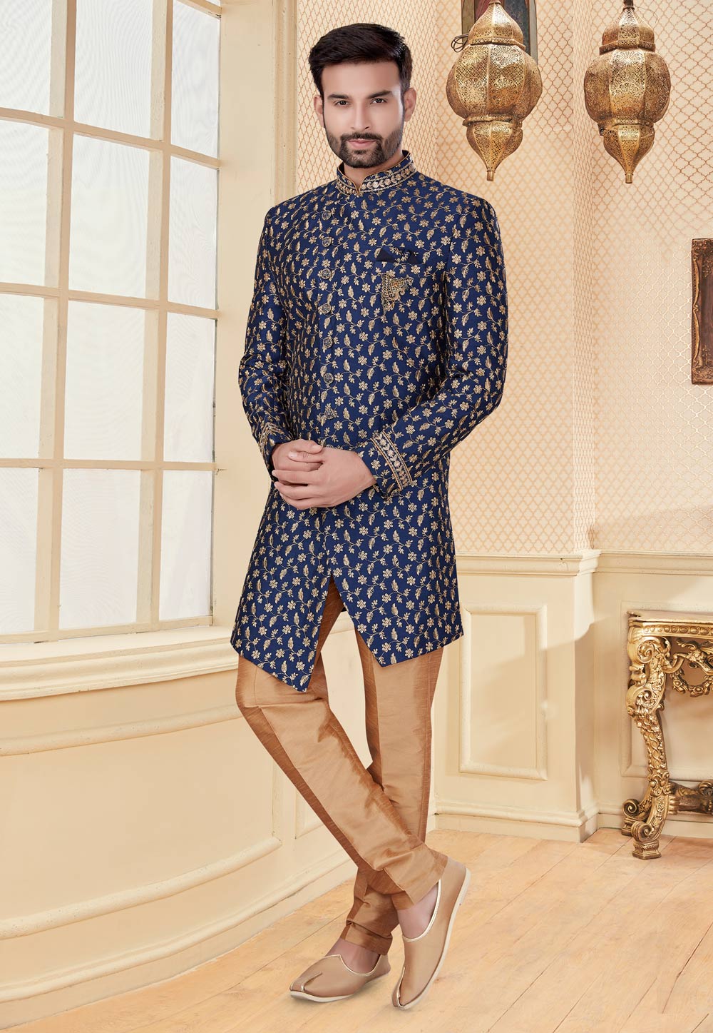 Navy Blue Jacquard Indo Western Suit 251236