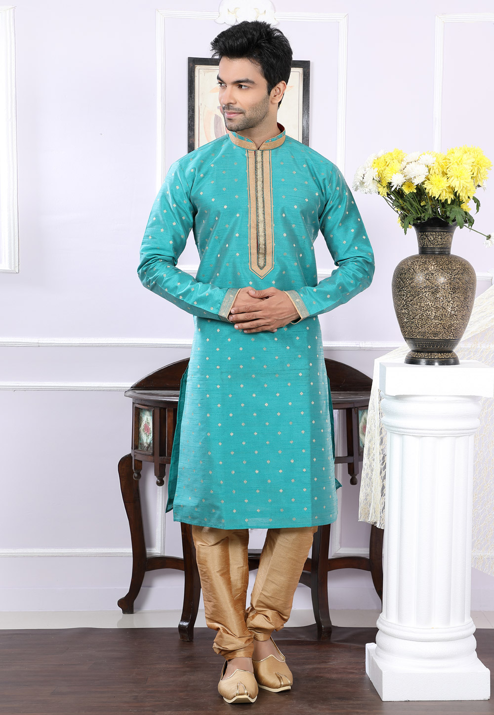 Aqua Chanderi Readymade Kurta Pajama 166450