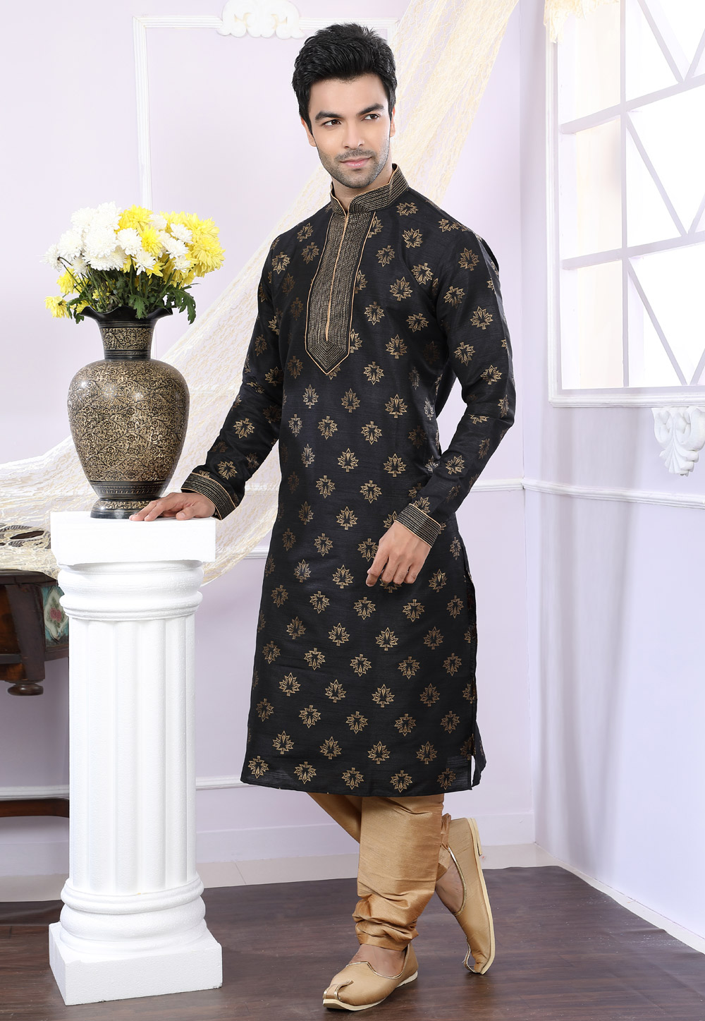 Black Jacquard Readymade Kurta Pajama 166451