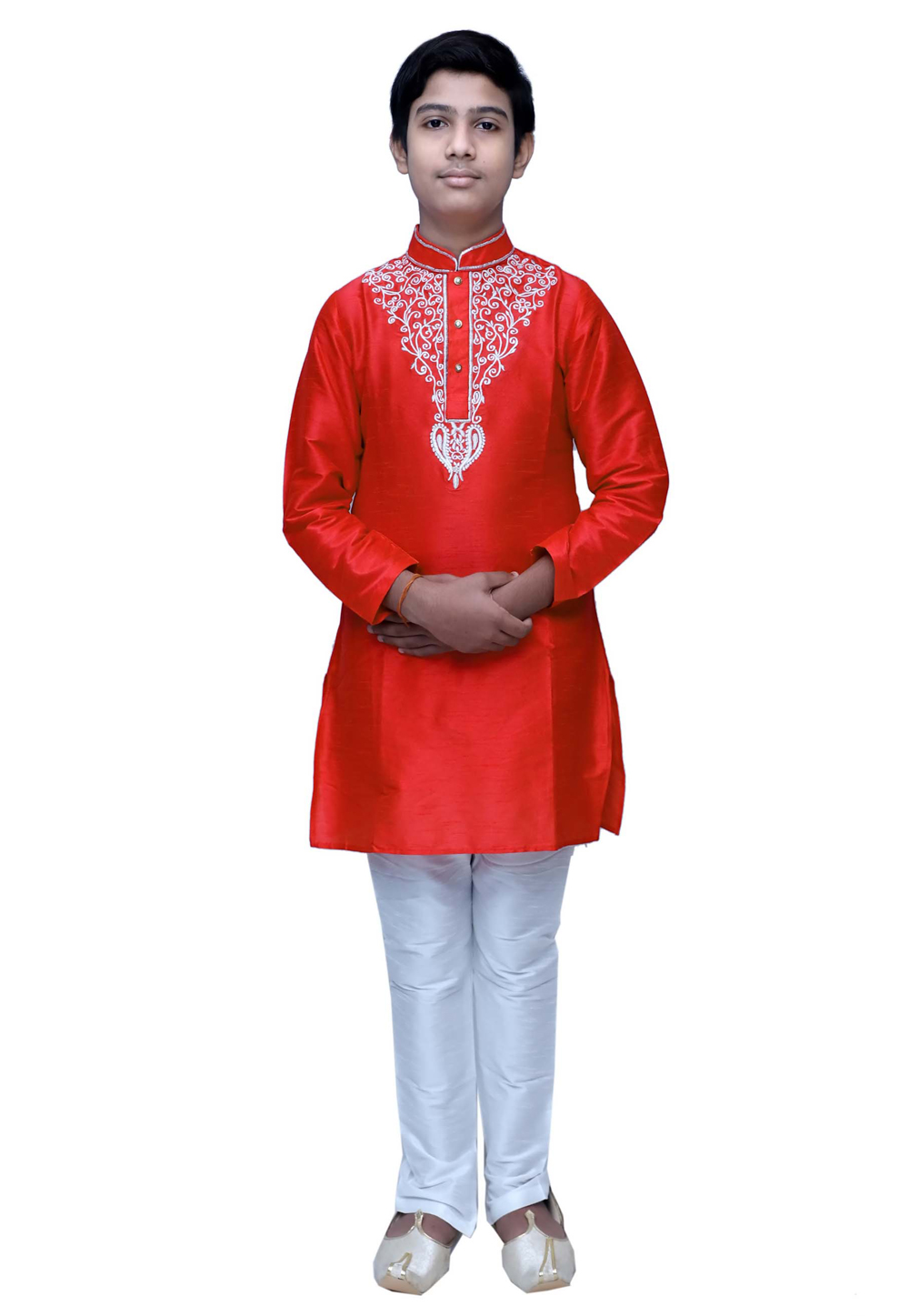 Red Dupion Silk Readymade Kids Kurta Pajama 211363