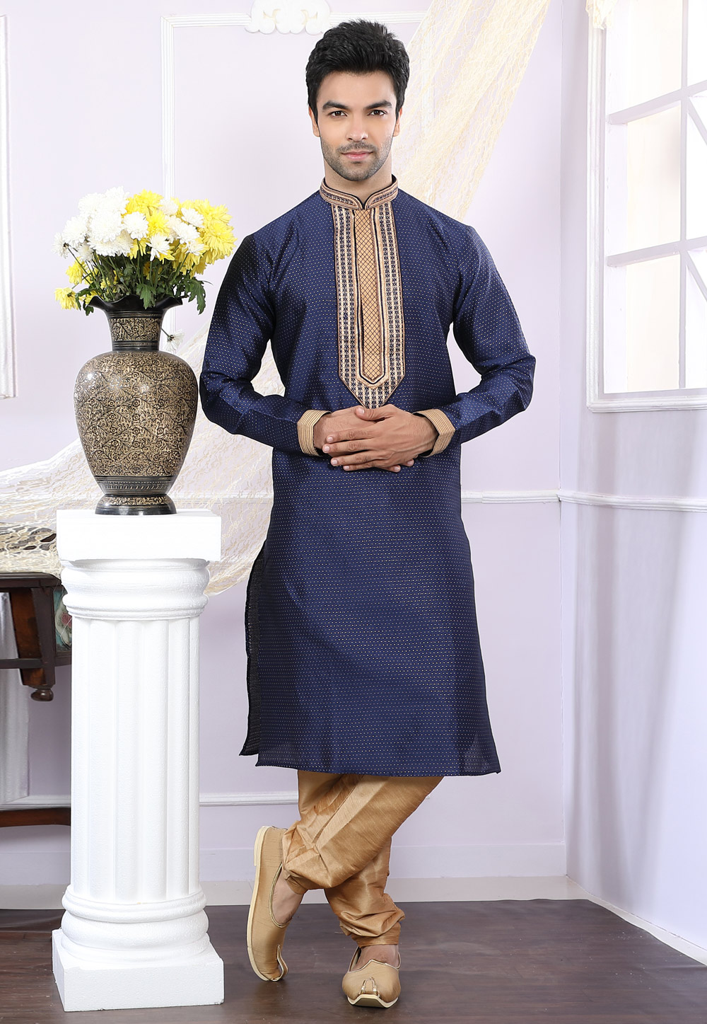 Navy Blue Jacquard Readymade Kurta Pajama 166452