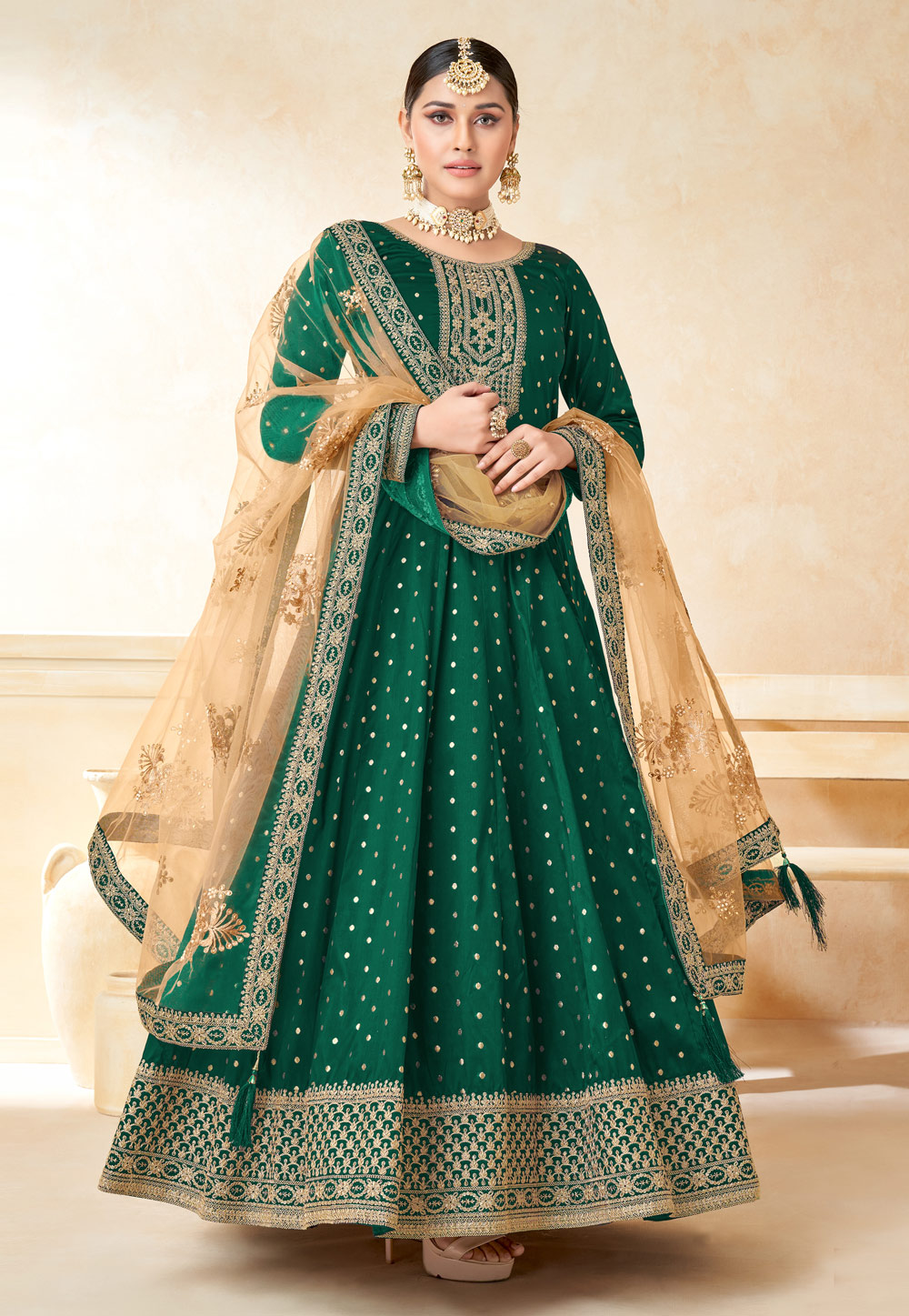 Green Taffeta Long Anarkali Suit 257907