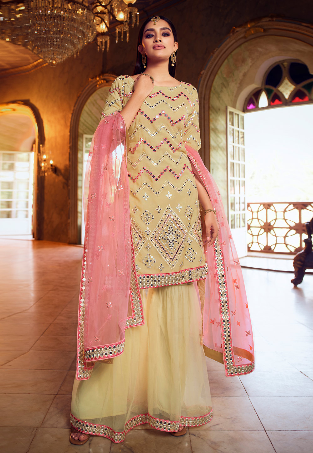 Yellow Organza Mirror Work Sharara Suit 224508