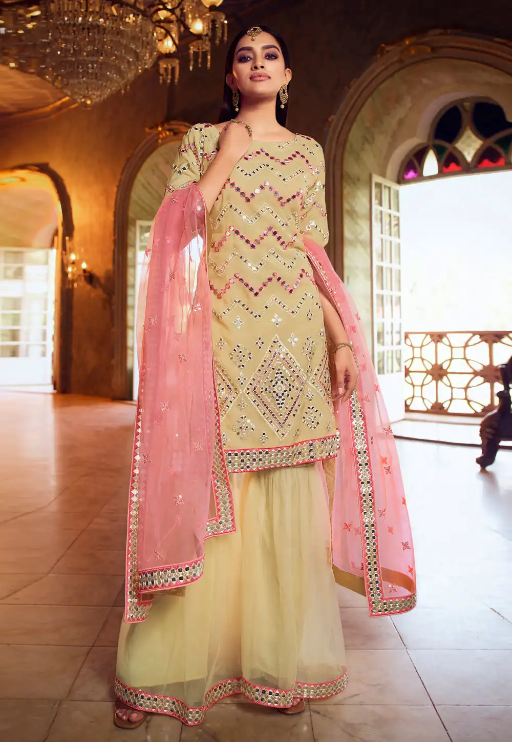 Yellow Organza Mirror Work Sharara Suit 224508