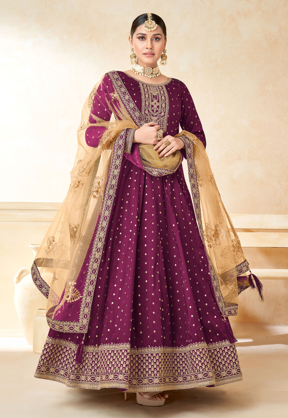 Purple Taffeta Abaya Style Anarkali Suit 257908