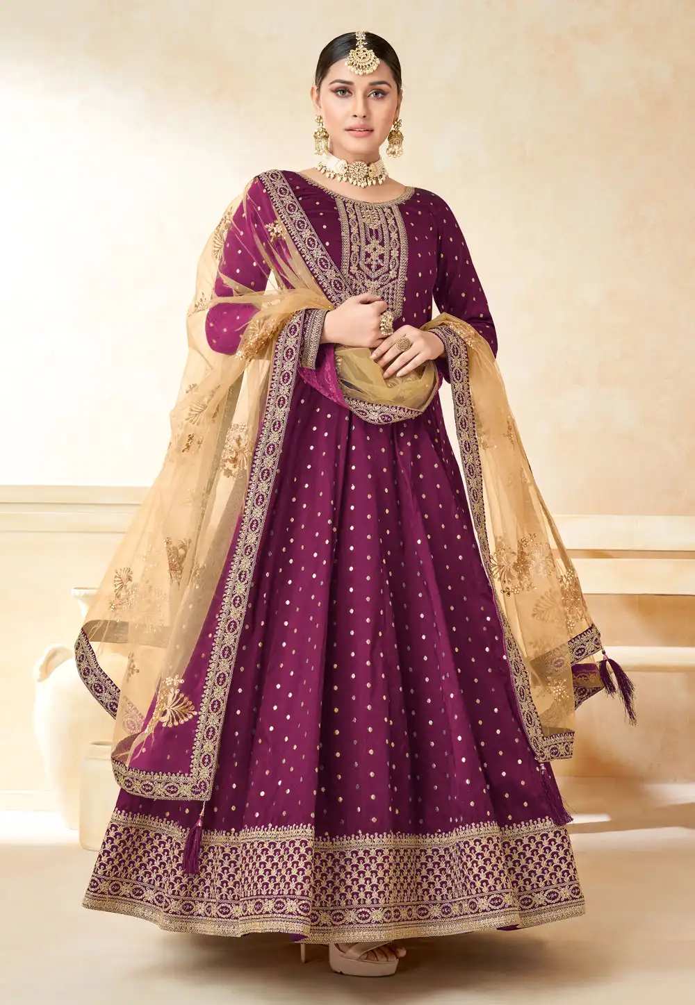 Purple Taffeta Abaya Style Anarkali Suit 257908