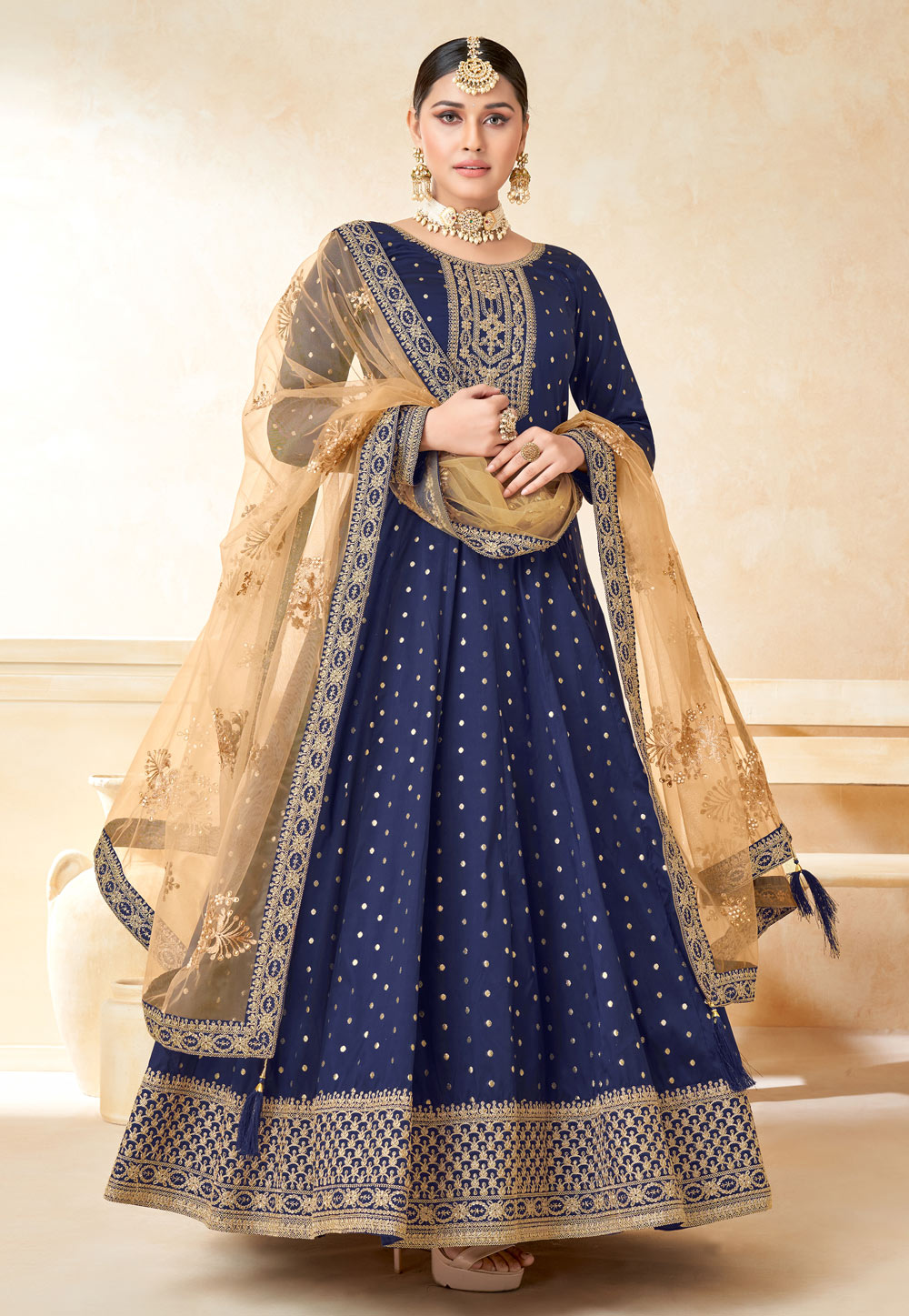 Navy Blue Taffeta Long Anarkali Suit 257909