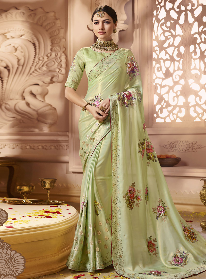 Pista Green Satin Saree With Blouse 149497