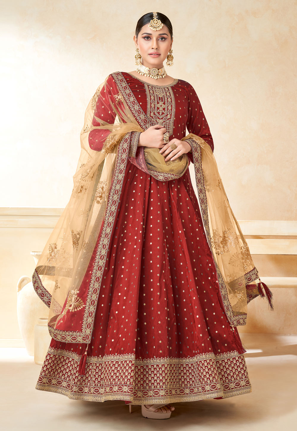 Maroon Taffeta Abaya Style Anarkali Suit 257910