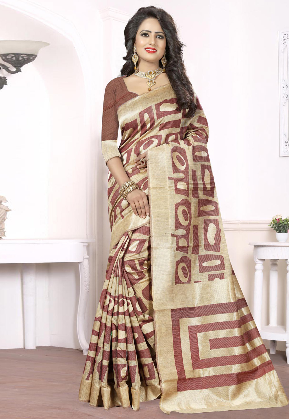 Brown Banarasi Saree With Blouse 230011