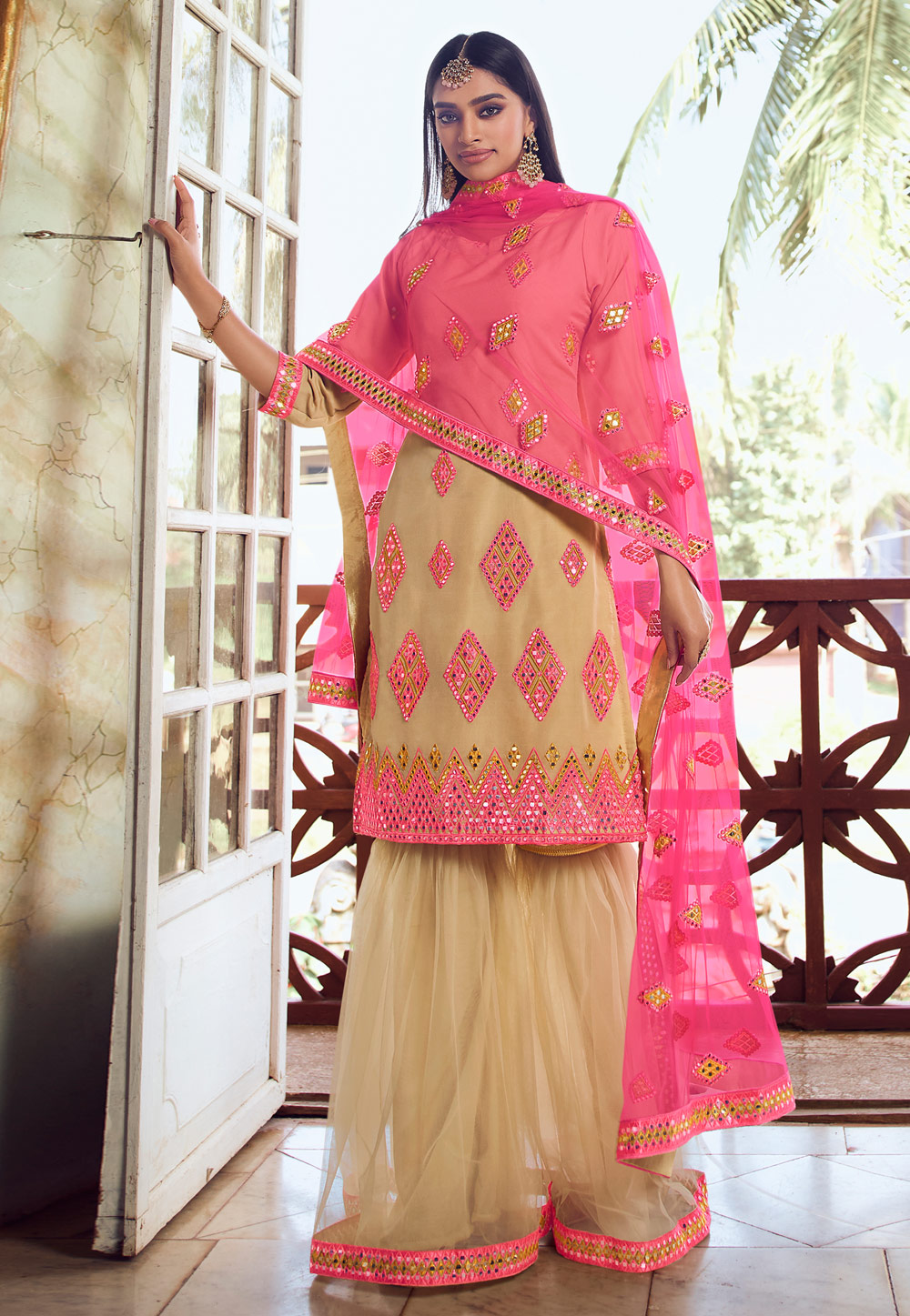 Beige Organza Sharara Suit 224513