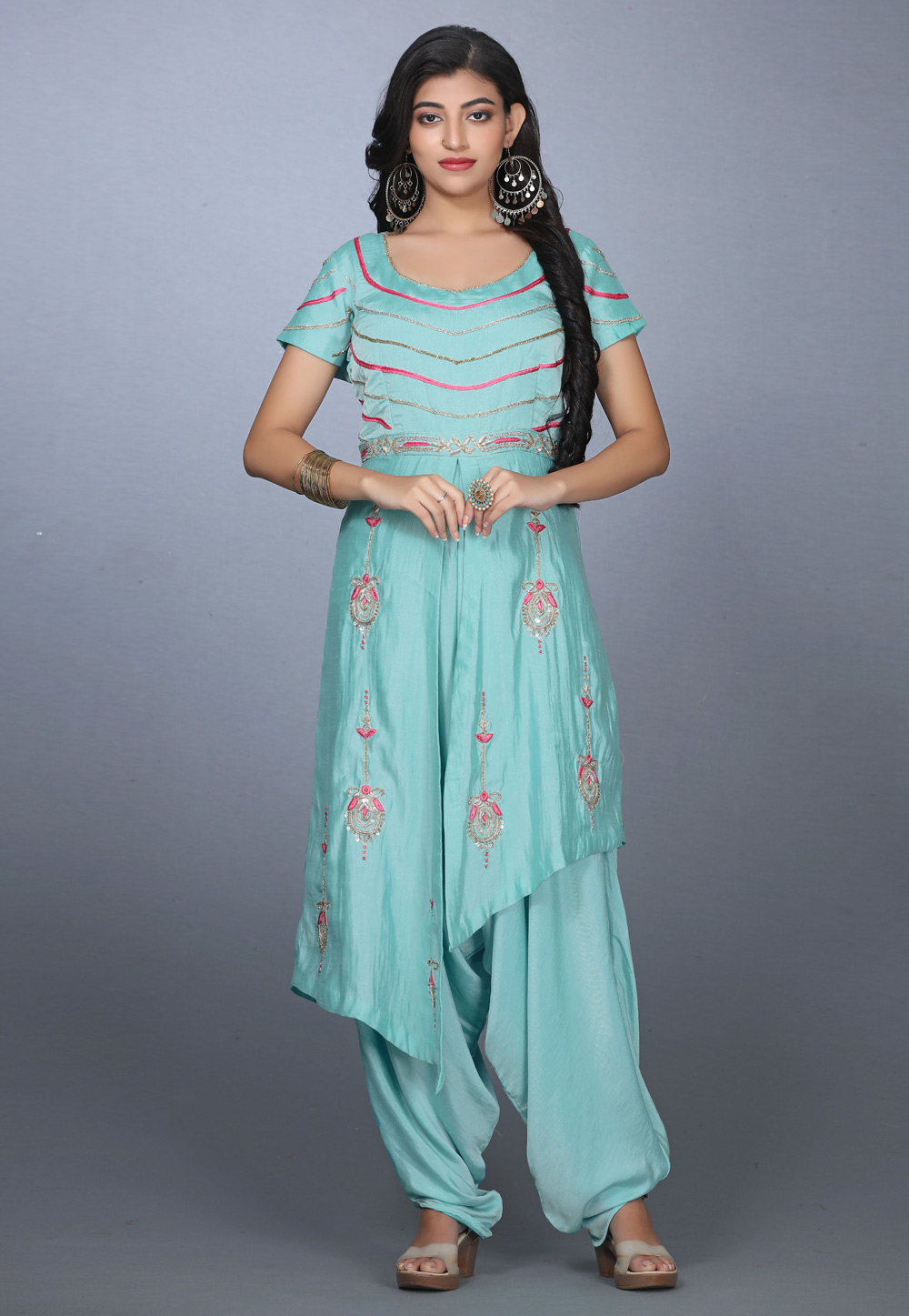 Sky Blue Art Silk Handwork Asymmetrical Suits 240145