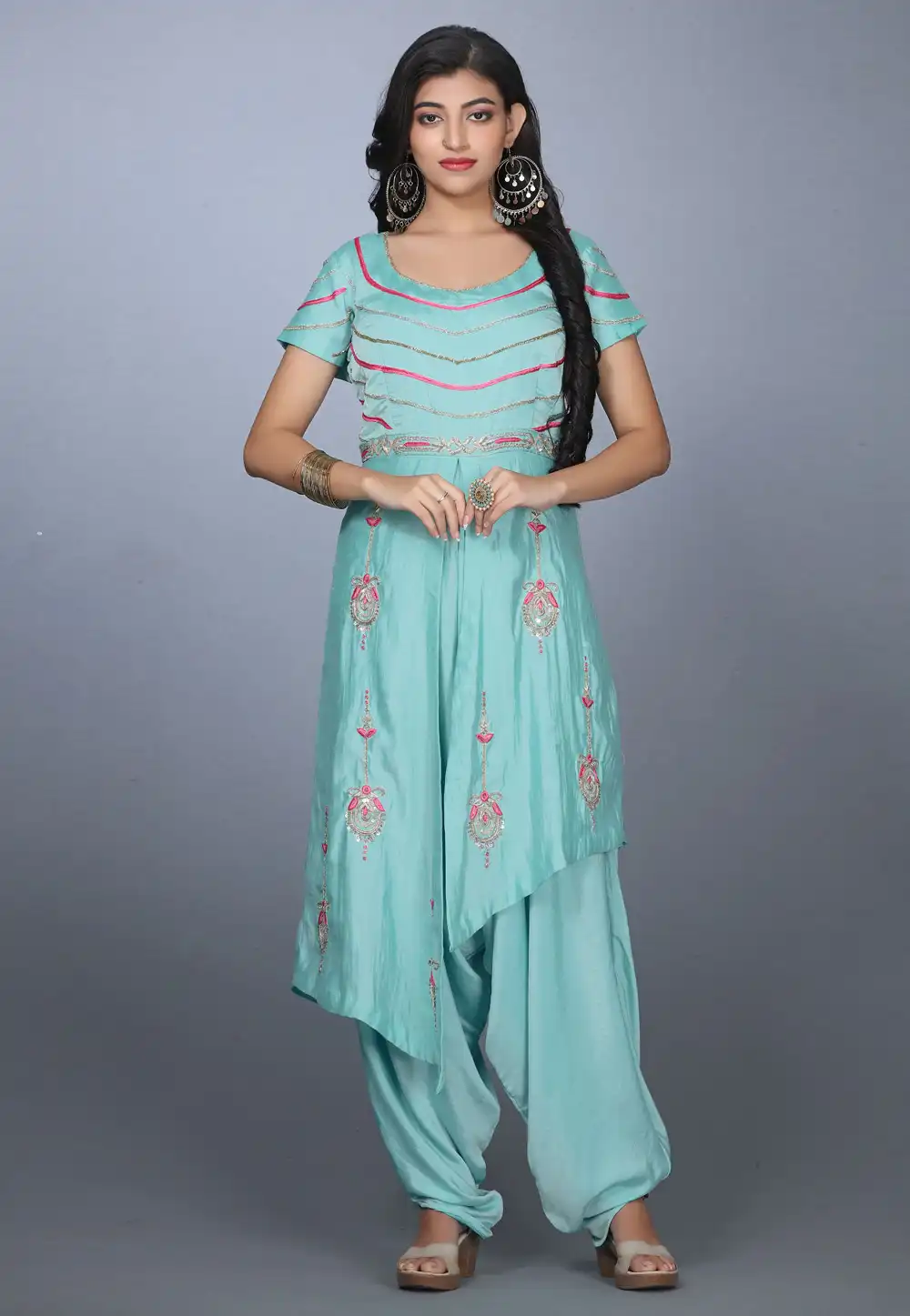Sky Blue Art Silk Handwork Asymmetrical Suits 240145