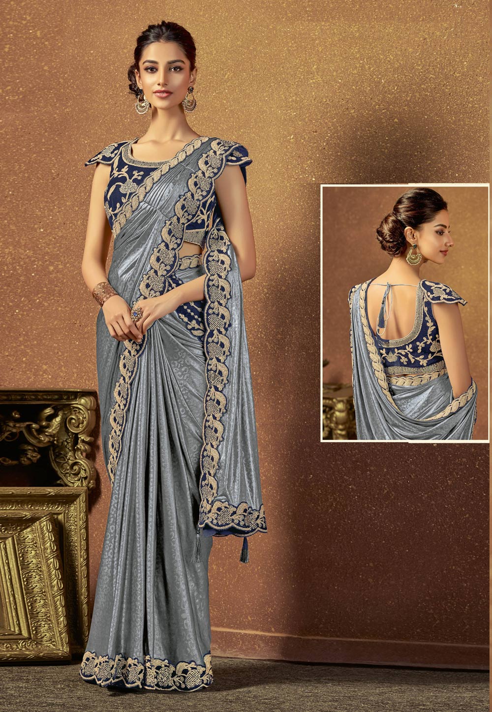 Grey Shimmer Embroidered Party Wear Saree 166014