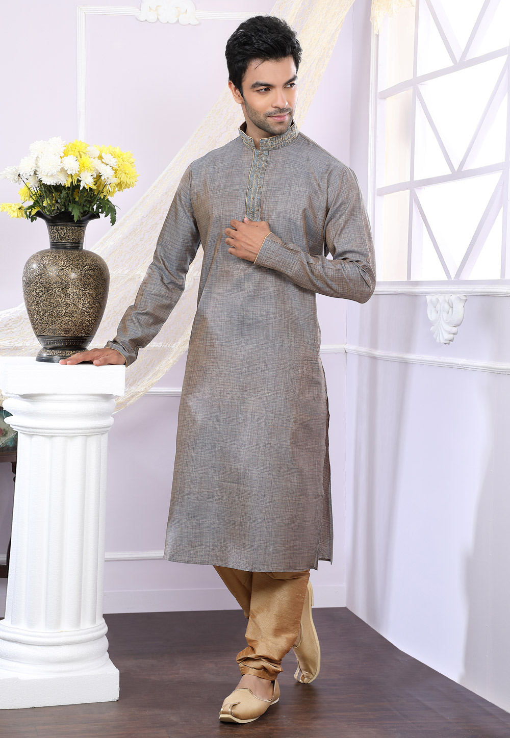 Grey Jacquard Readymade Kurta Pajama 166453