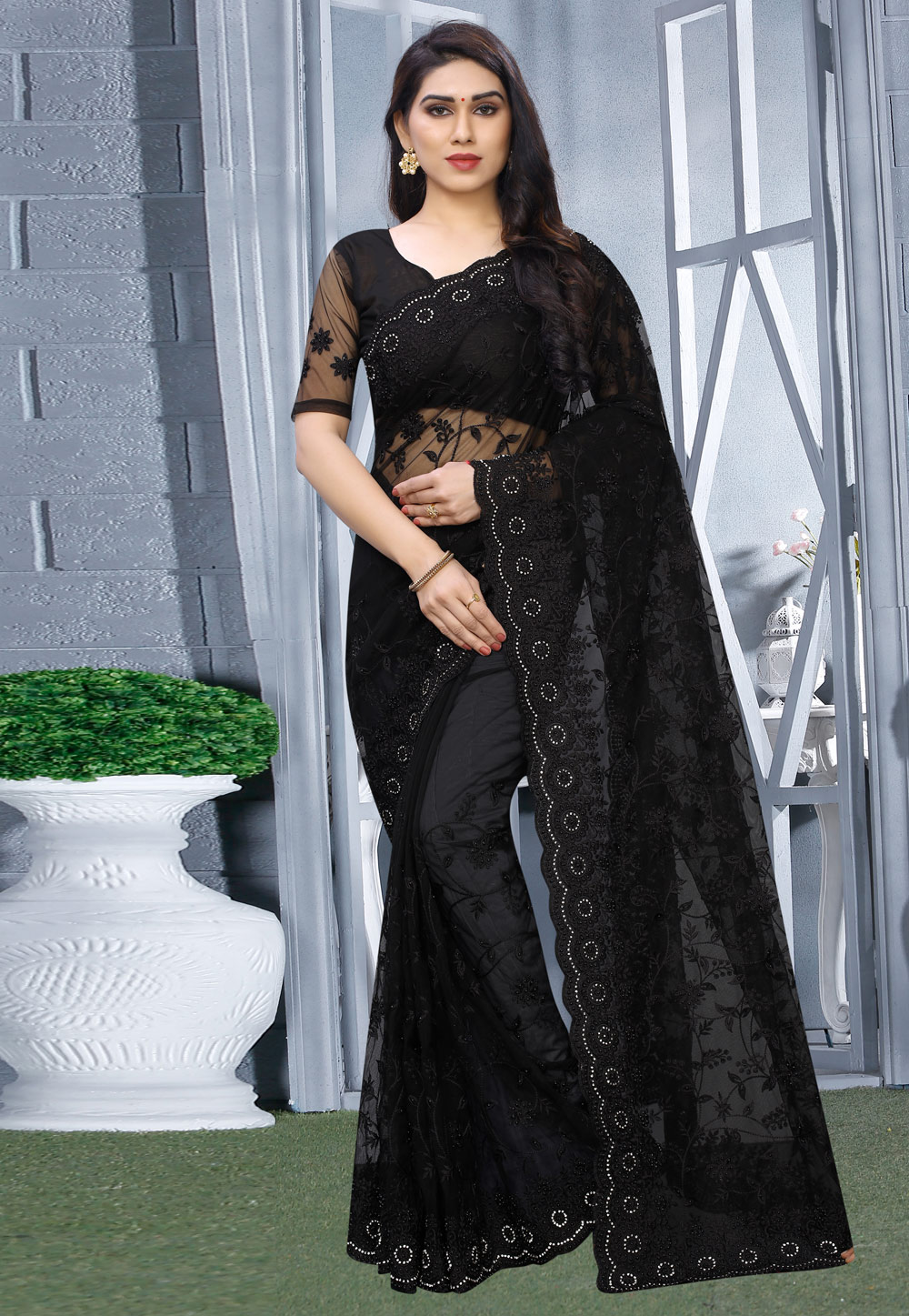 Black Net Festival Wear Saree 200404