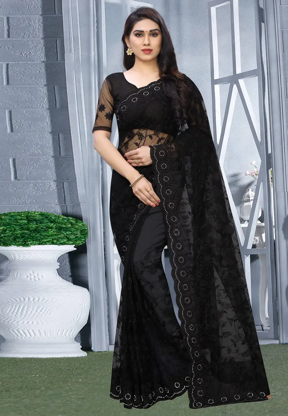 Black Net Festival Wear Saree 200404