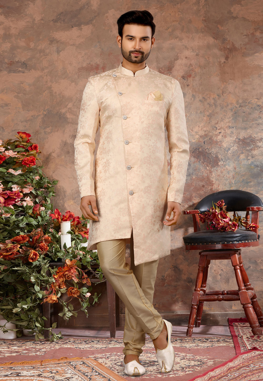 Beige Jacquard Indo Western Sherwani 251523