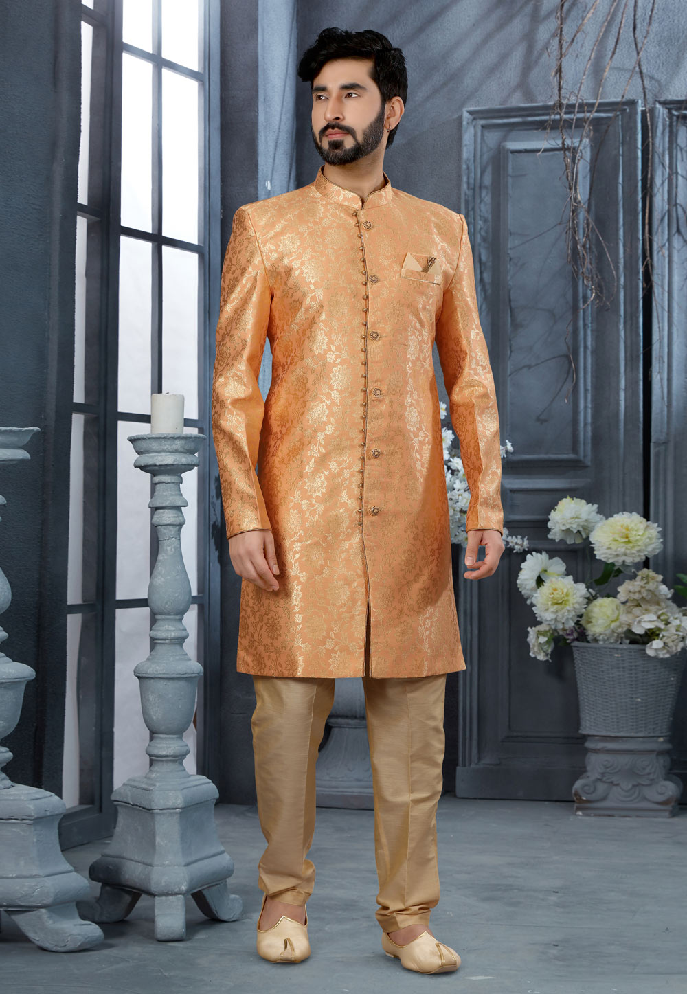 Peach Jacquard Indo Western Sherwani 251524