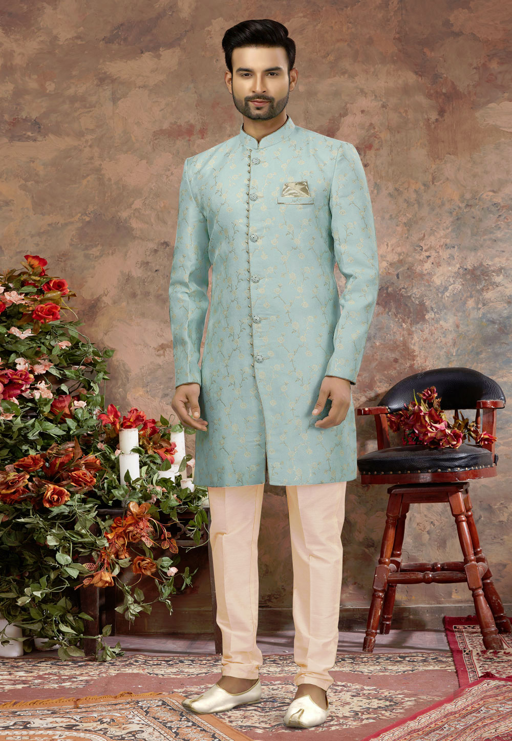 Sea Green Jacquard Indo Western Sherwani 251525