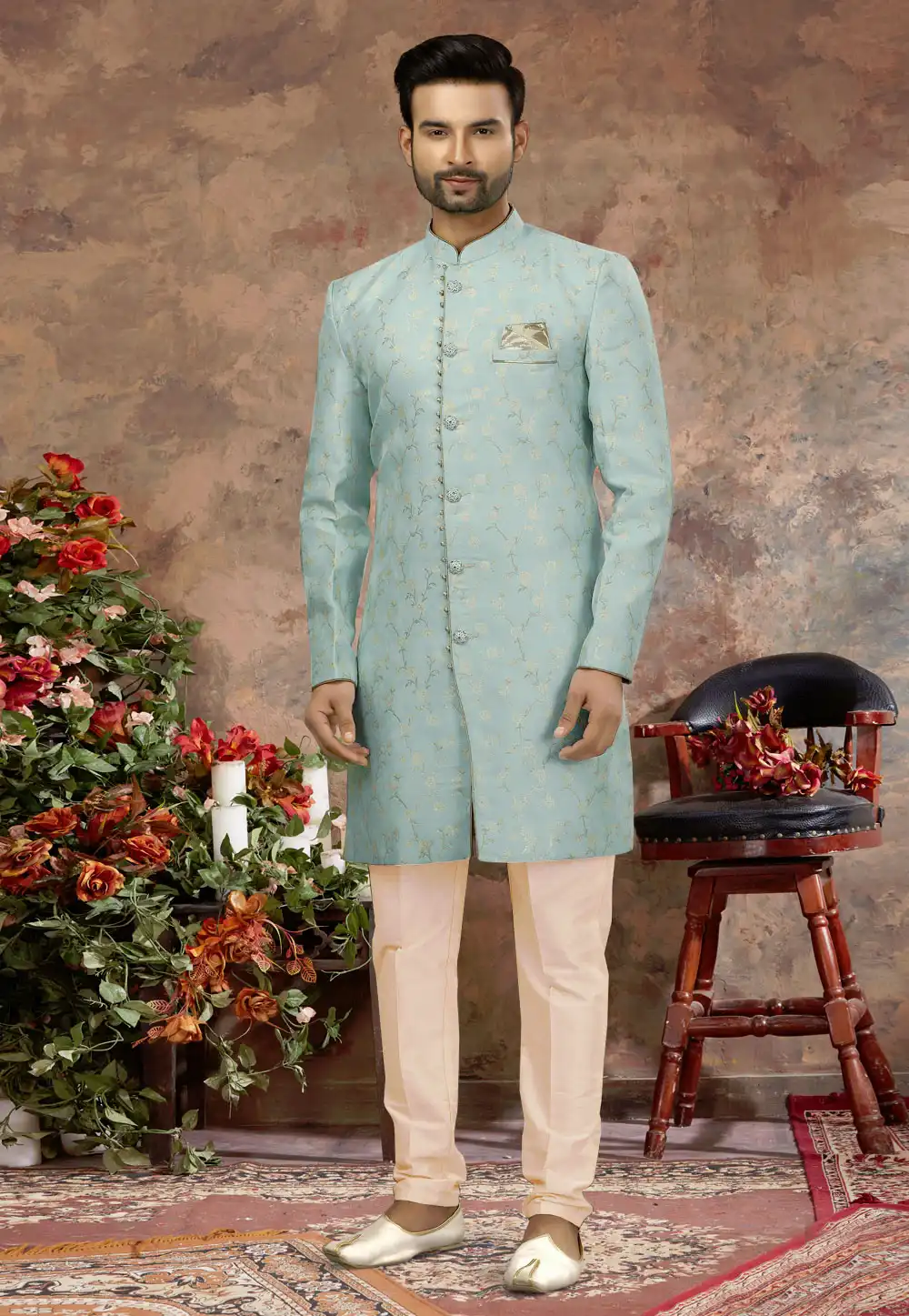 Sea Green Jacquard Indo Western Sherwani 251525