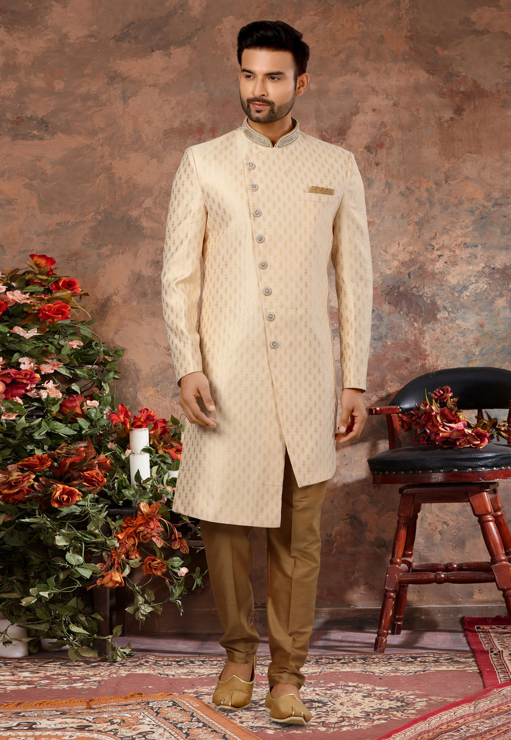 Beige Jacquard Indo Western Sherwani 251527