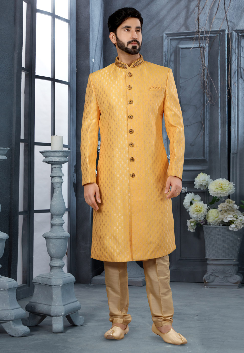 Golden Jacquard Indo Western Sherwani 251528