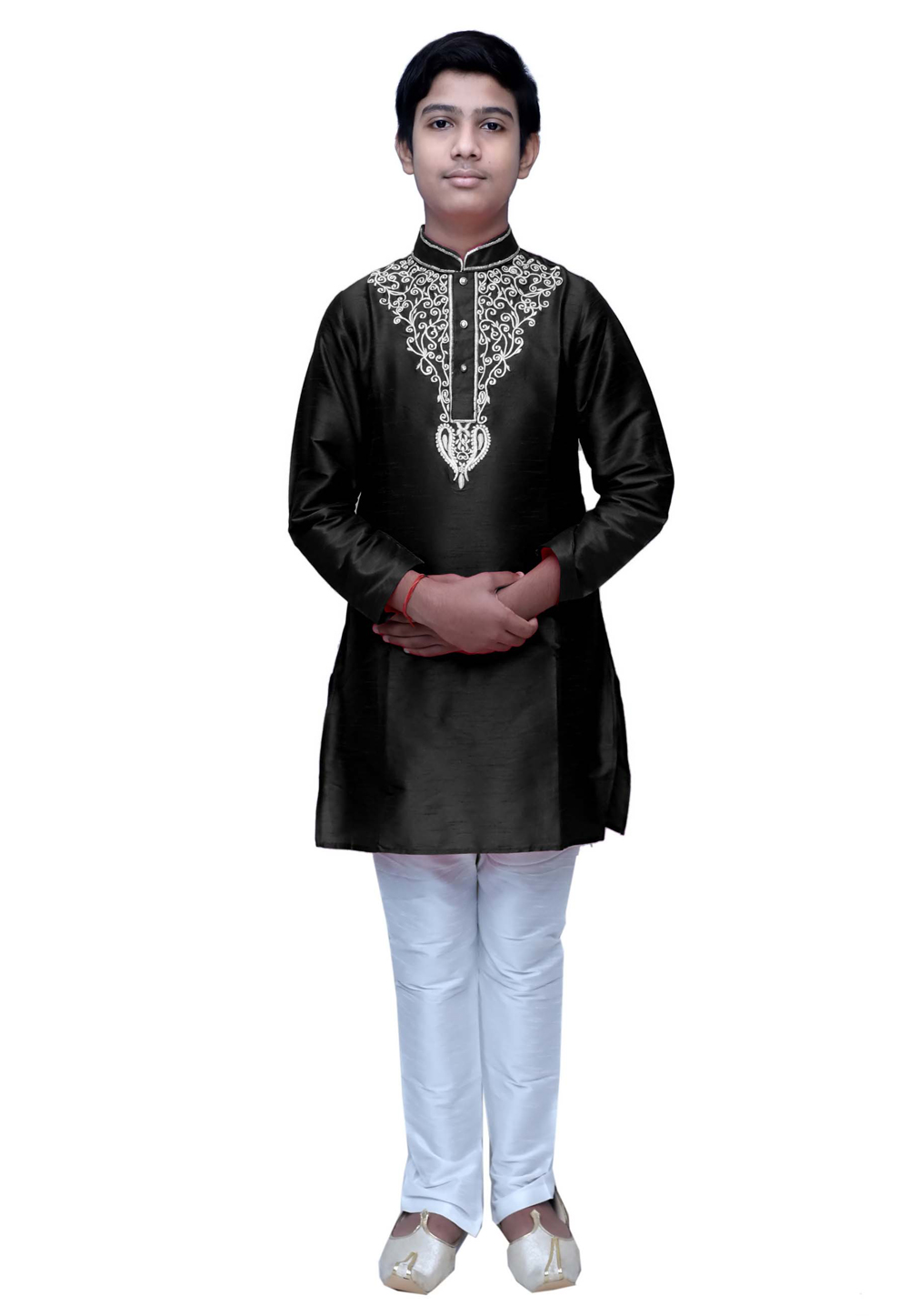 Black Dupion Silk Readymade Kids Kurta Pajama 211365