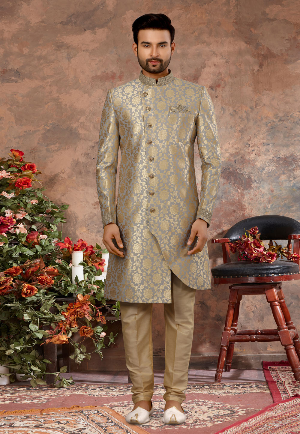 Grey Jacquard Indo Western Sherwani 251529