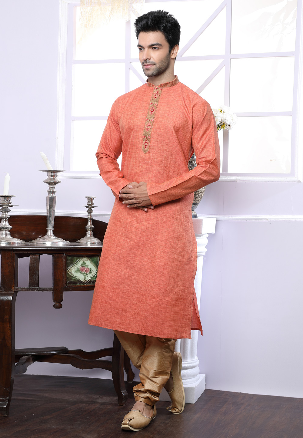 Orange Jacquard Readymade Kurta Pajama 166454