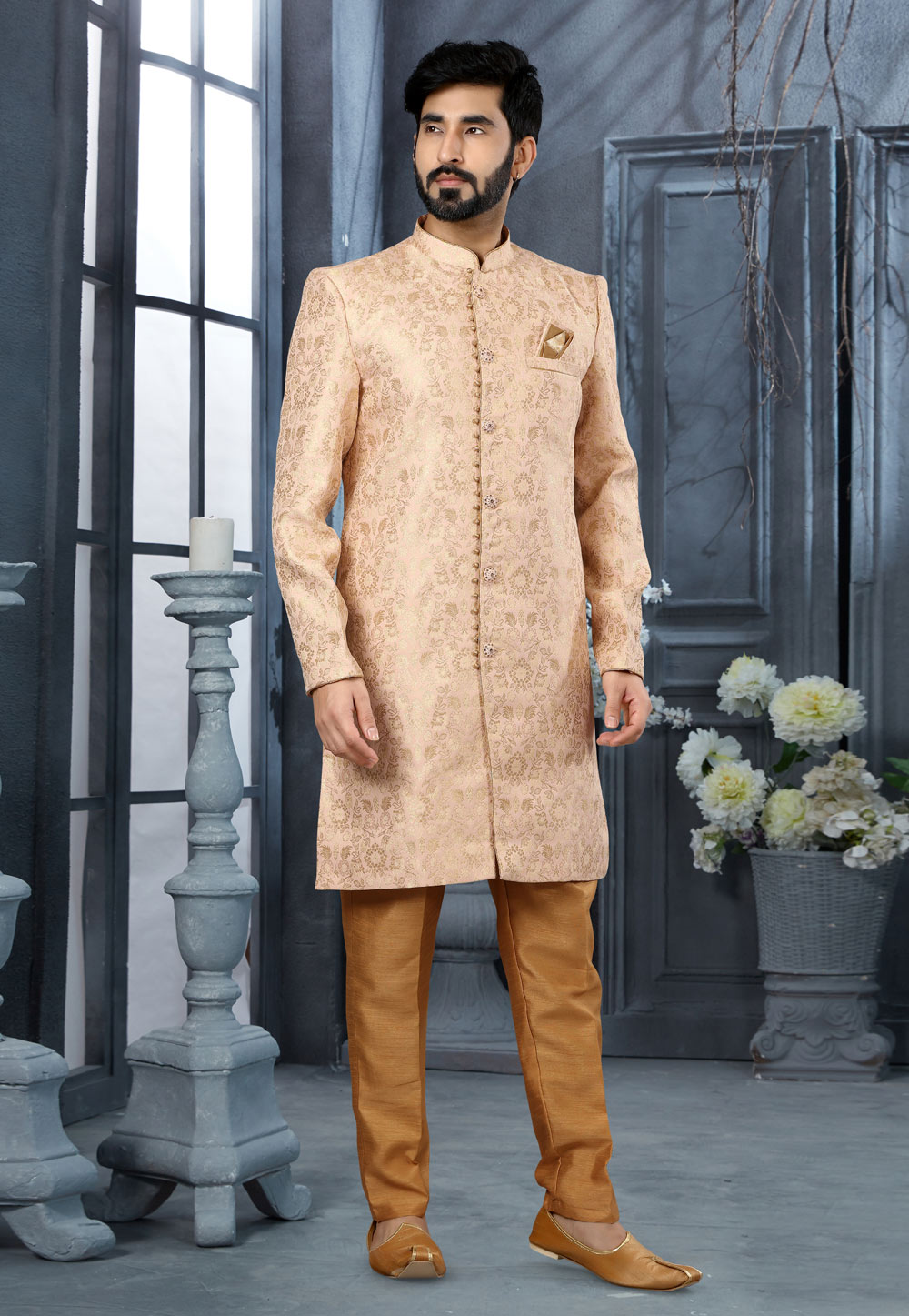 Beige Jacquard Indo Western Sherwani 251530