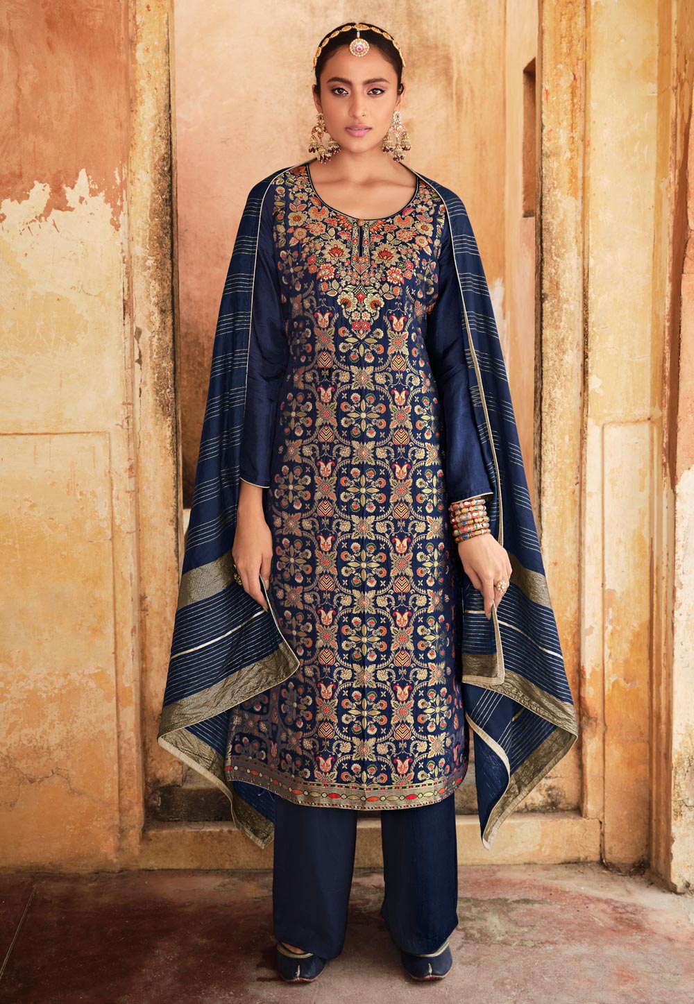 Navy Blue Silk Jacquard Kameez With Palazzo 235229