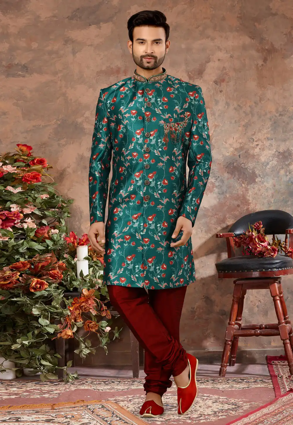 Teal Jacquard Indo Western Sherwani 251531