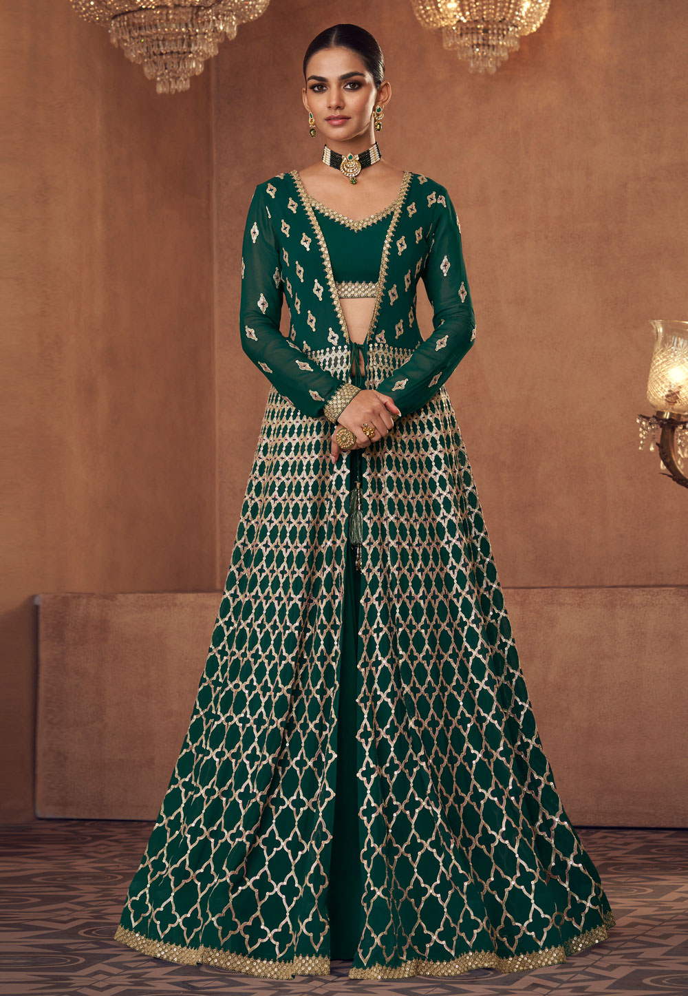 Green Georgette Indo Western Lehenga Choli 252828