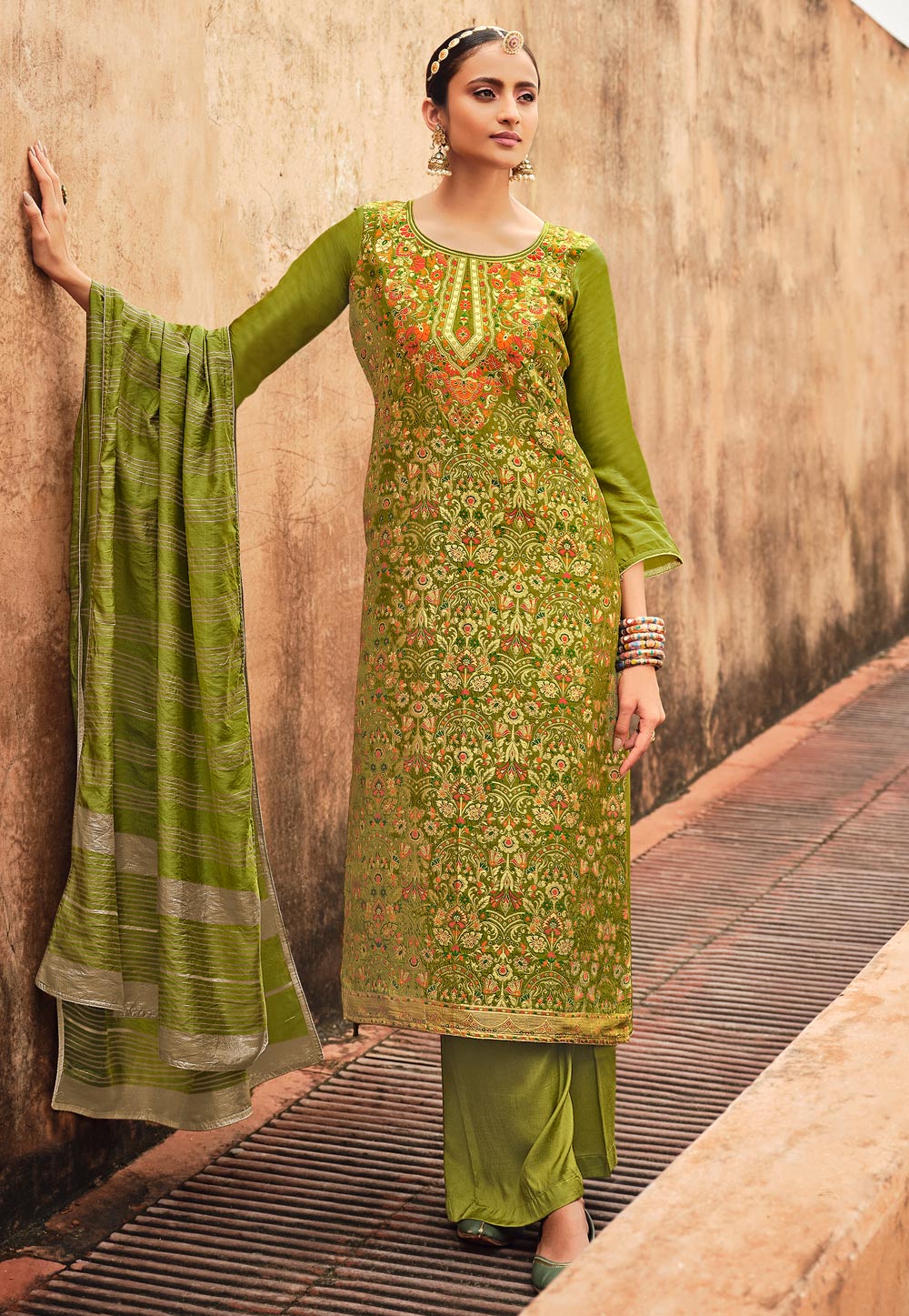 Green Silk Jacquard Palazzo Suit 235230