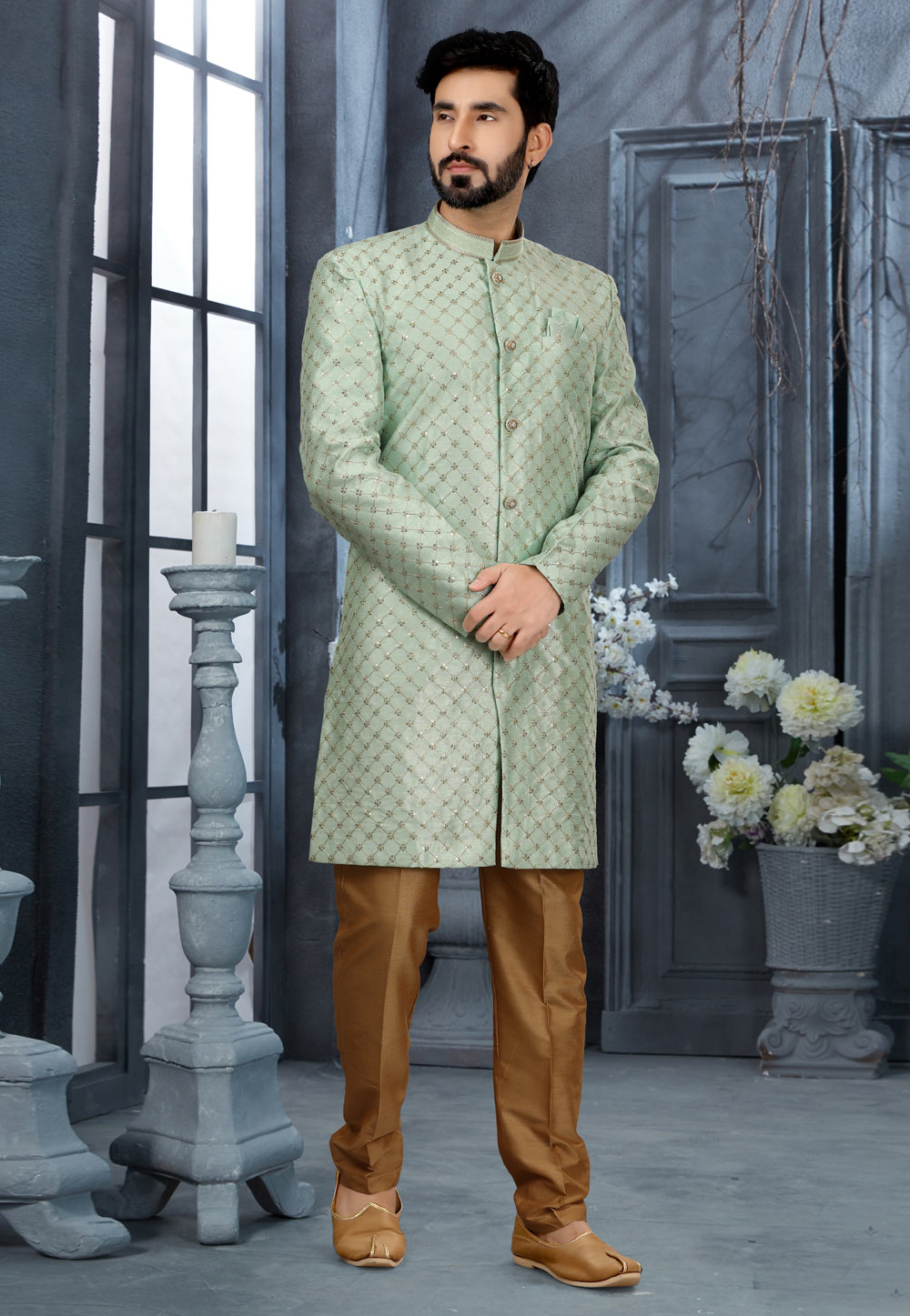 Sea Green Jacquard Indo Western Sherwani 251532