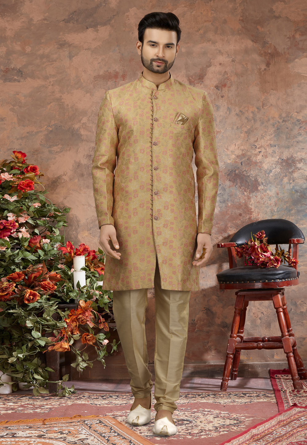 Beige Jacquard Indo Western Sherwani 251533