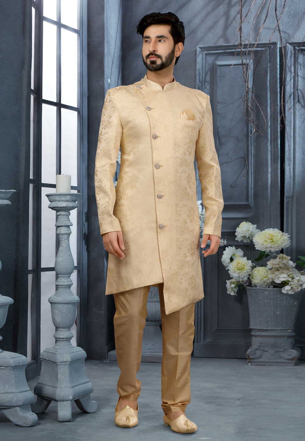 Beige Jacquard Indo Western Sherwani 251534