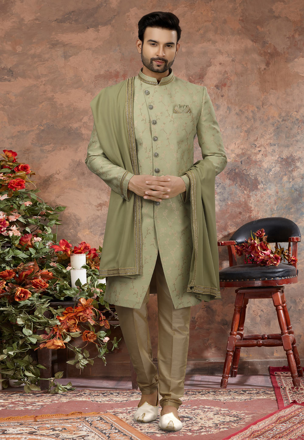 Light Green Jacquard Indo Western Sherwani 251535