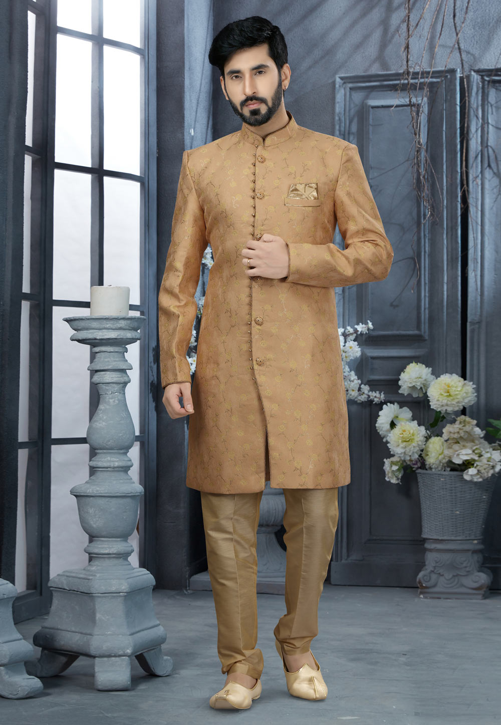 Beige Jacquard Indo Western Sherwani 251536