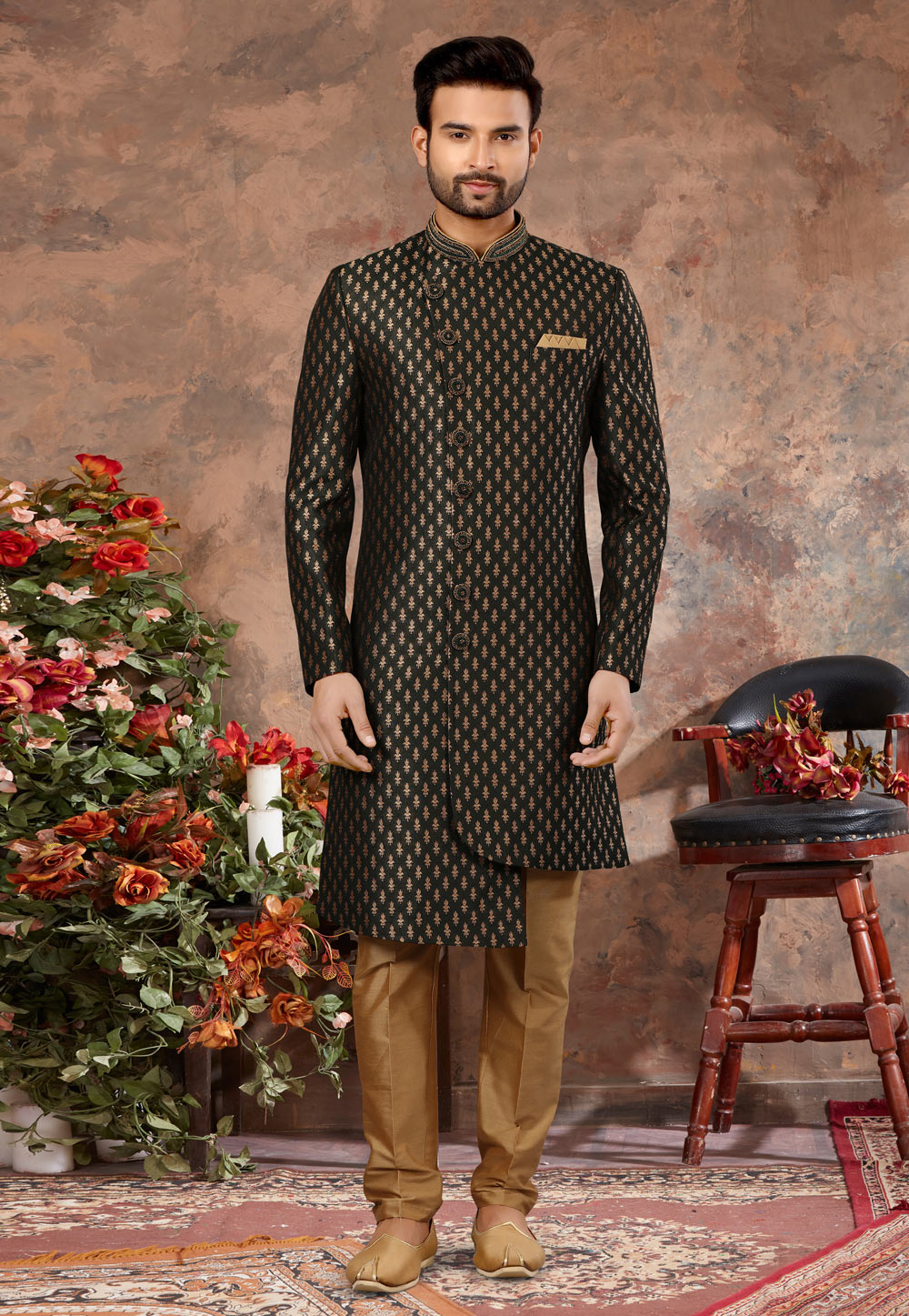 Black Jacquard Indo Western Sherwani 251537