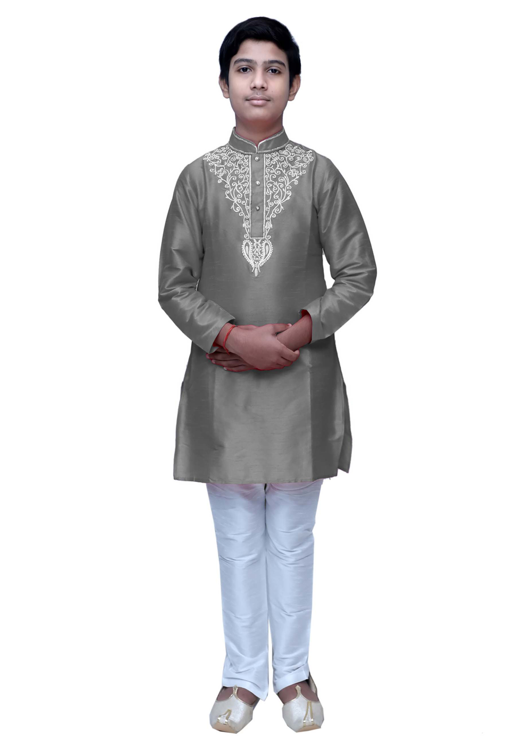 Grey Dupion Silk Readymade Kids Kurta Pajama 211366