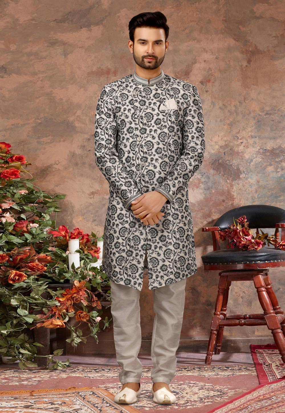 Off White Jacquard Indo Western Sherwani 251539