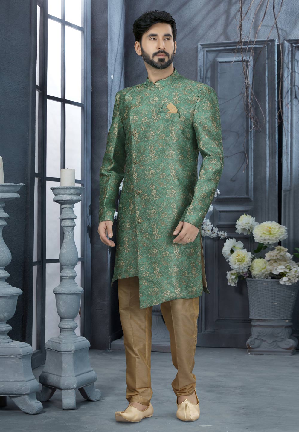 Sea Green Jacquard Indo Western Sherwani 251540