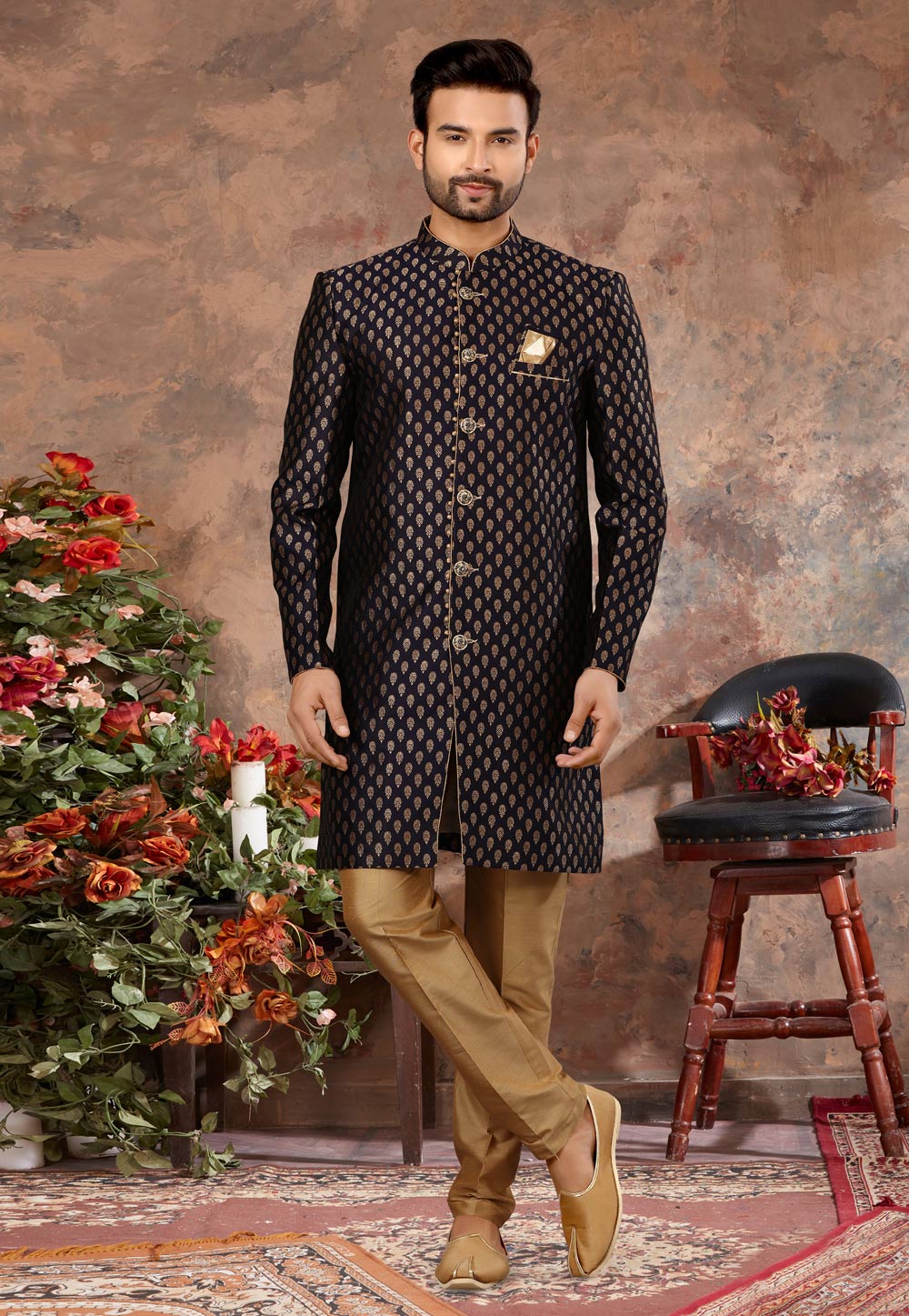 Navy Blue Jacquard Indo Western Sherwani 251541