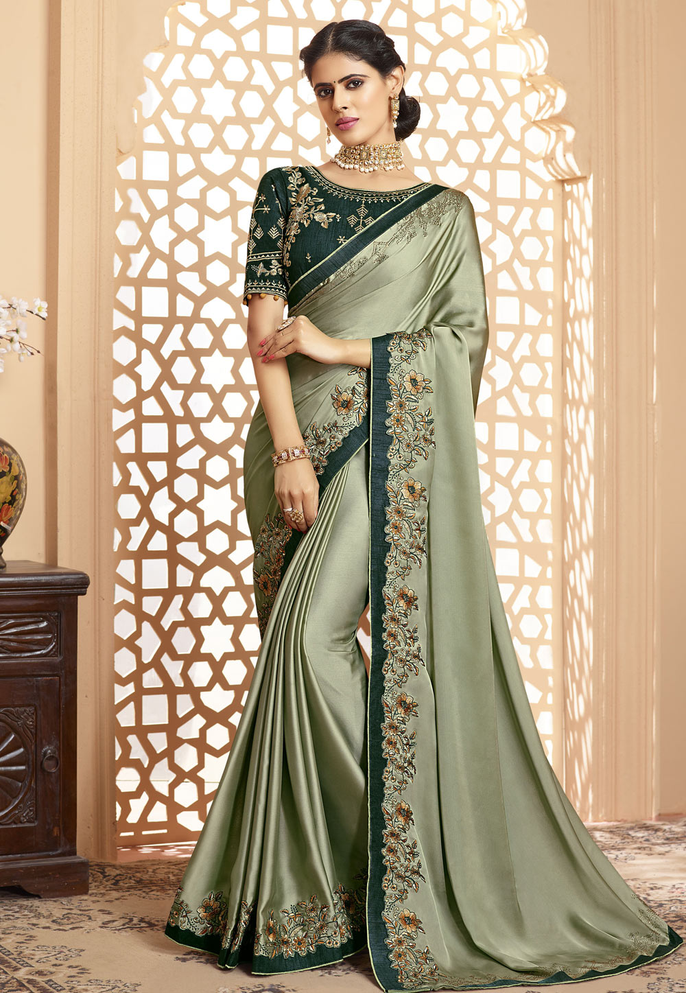 Light Green Satin Party Wear Saree 202555