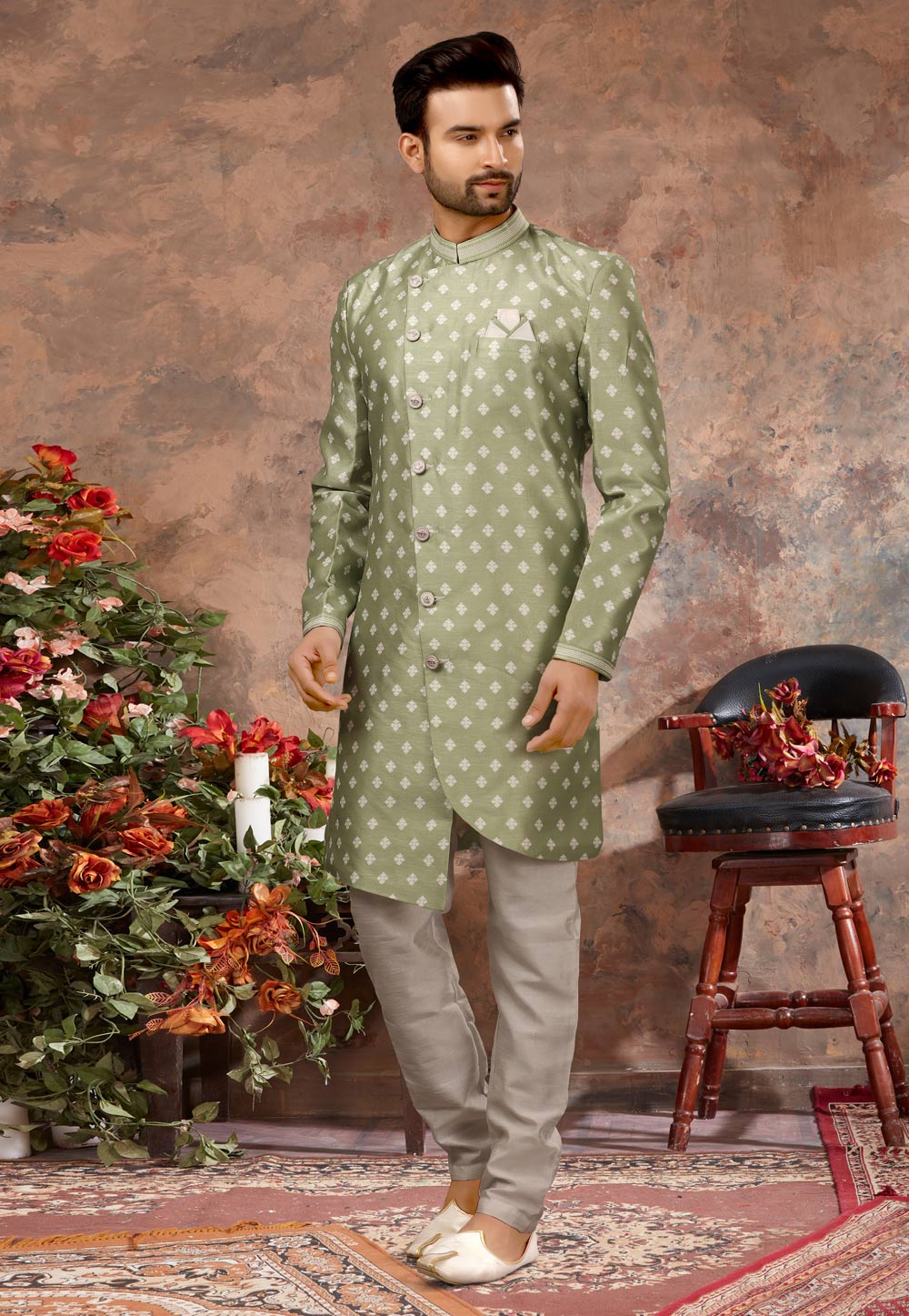 Light Green Jacquard Indo Western Sherwani 251543