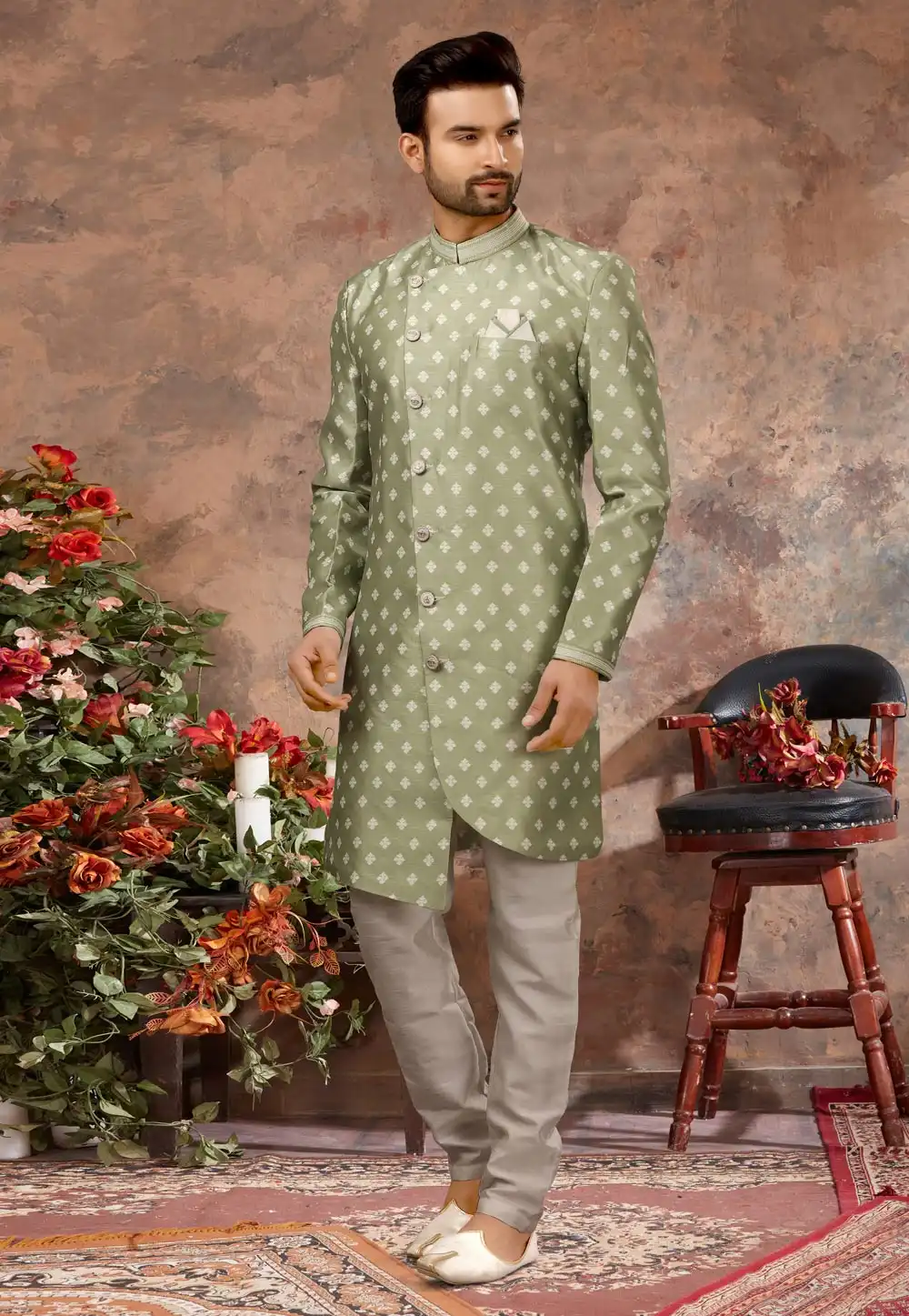 Light Green Jacquard Indo Western Sherwani 251543