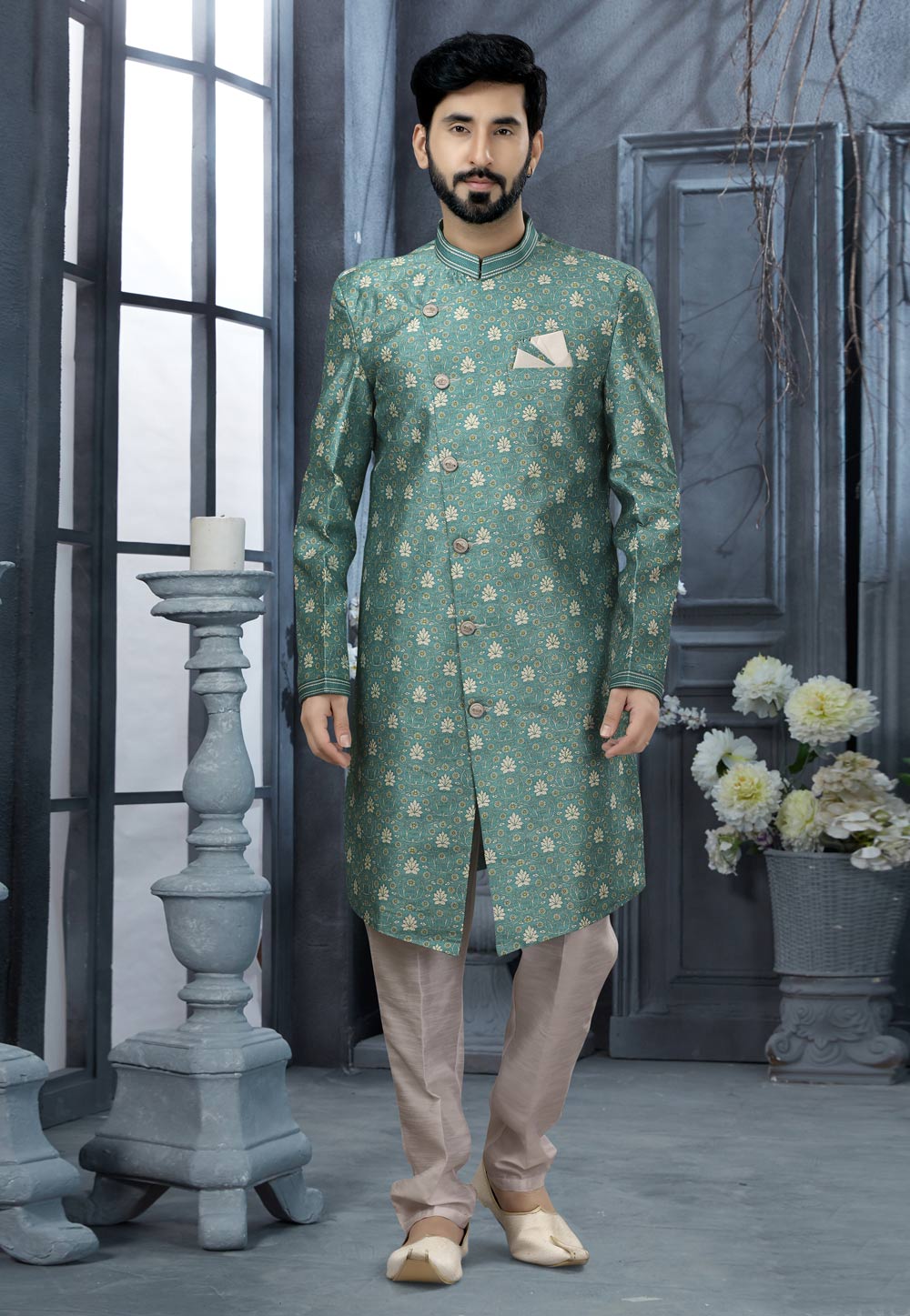 Sea Green Jacquard Indo Western Sherwani 251544